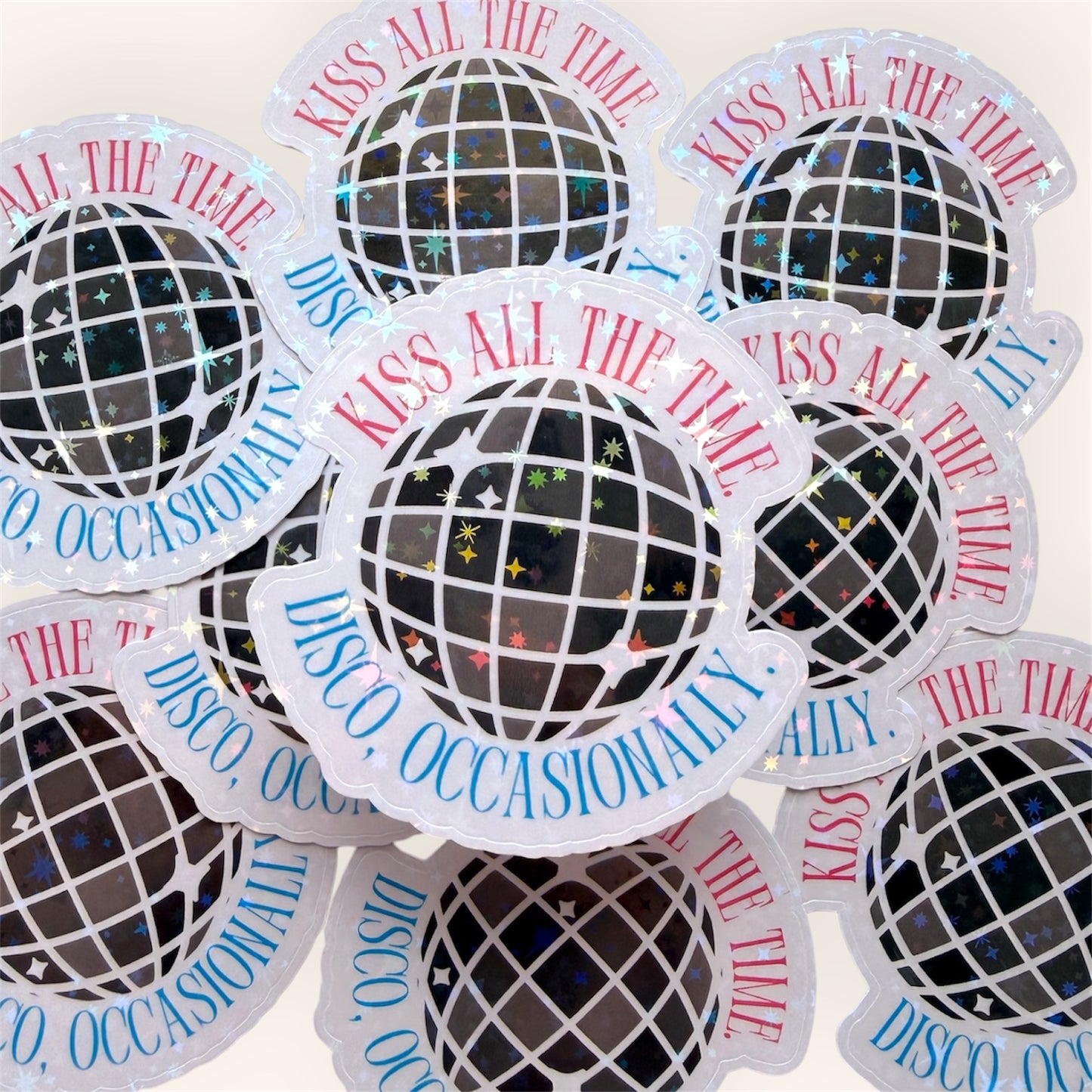 Kiss All The Time Disco Occasionally holographic vinyl sticker with disco ball design by Every Muse Studio