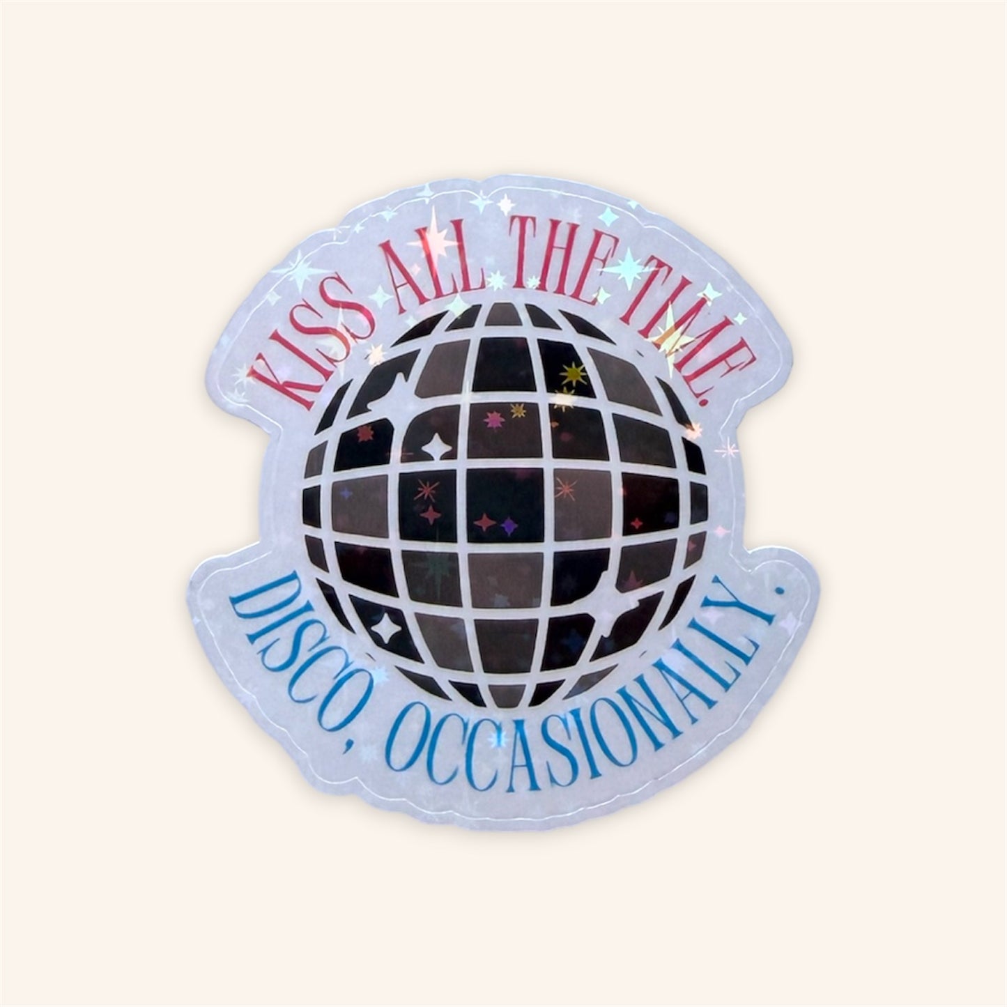 Close-up of holographic shimmer finish on Kiss All The Time disco ball vinyl sticker