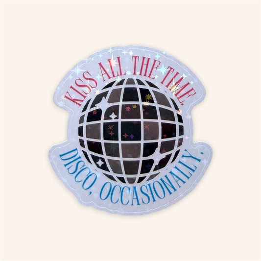 Close-up of holographic shimmer finish on Kiss All The Time disco ball vinyl sticker
