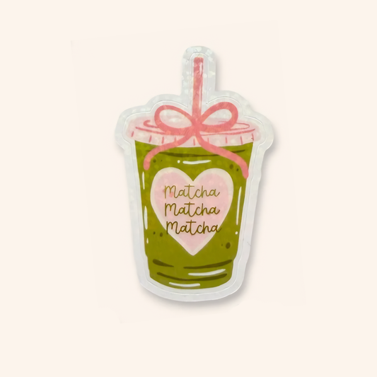 Sticker of a matcha drink with a pink heart and 'Matcha Matcha Matcha' text on a white background