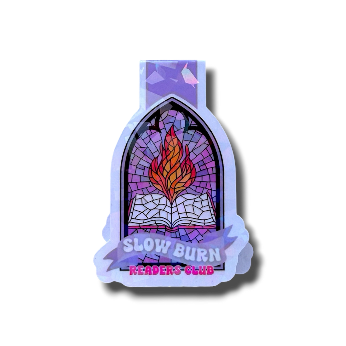 Sticker with stained glass design and 'Slow Burn Readers Club' text on a white background