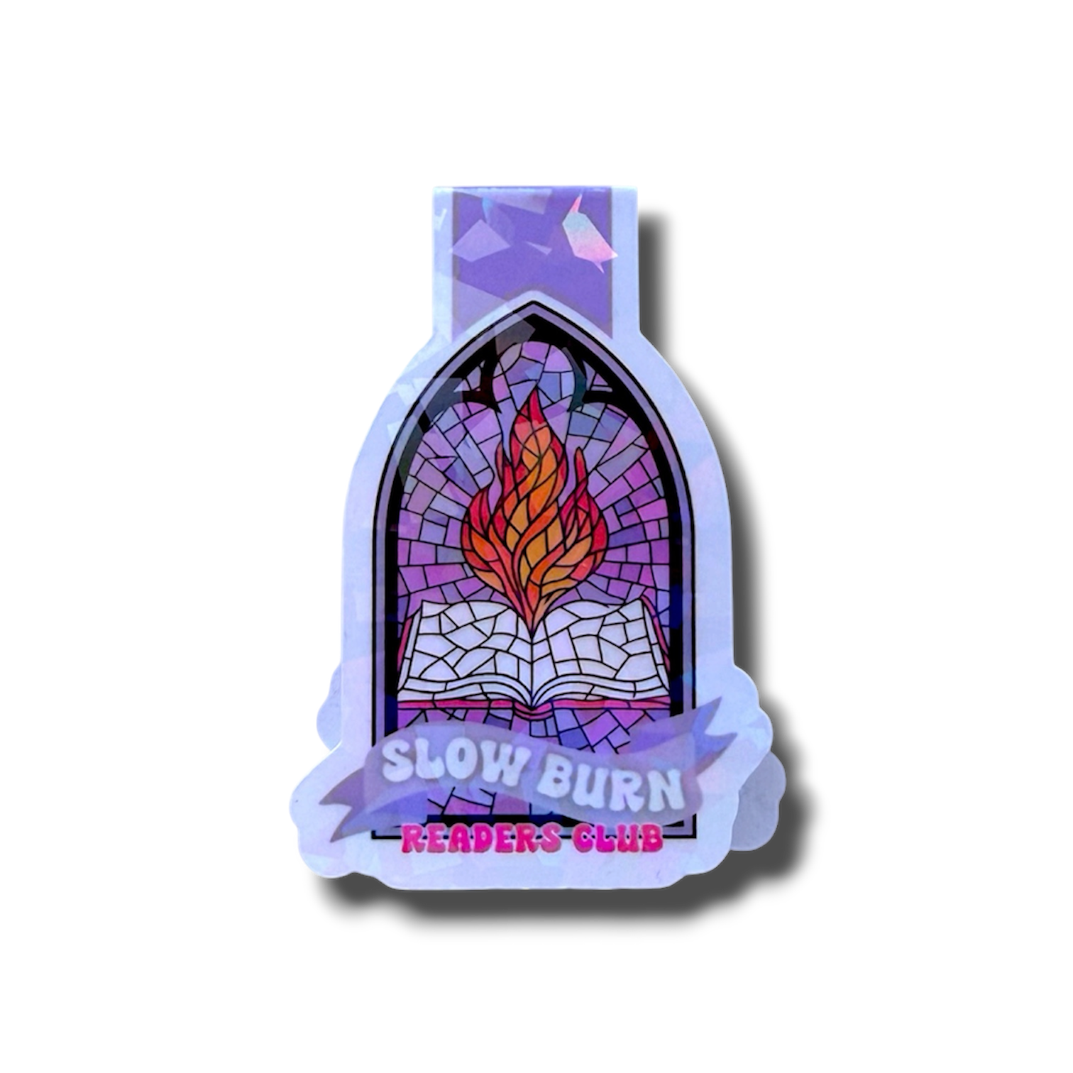 Sticker with stained glass design and 'Slow Burn Readers Club' text on a white background