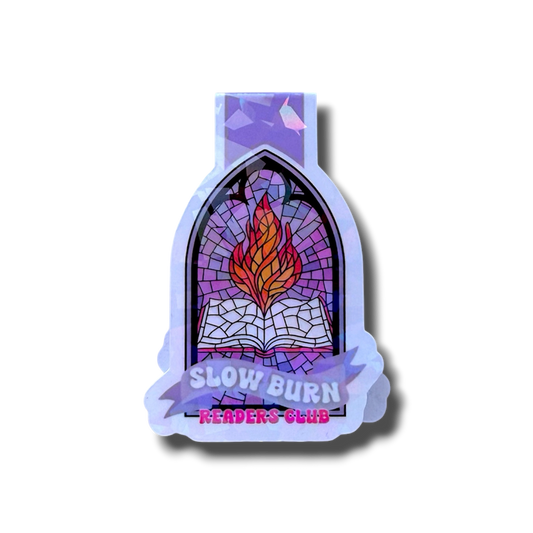 Sticker with stained glass design and 'Slow Burn Readers Club' text on a white background