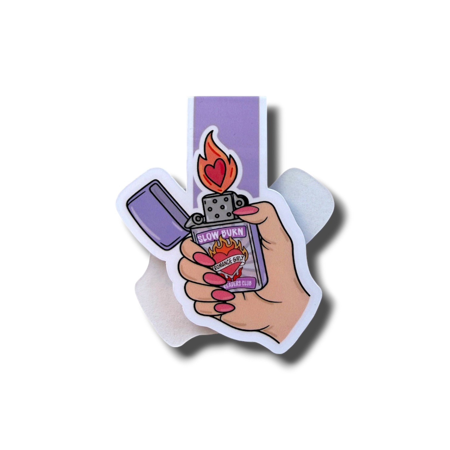 Sticker of a hand holding a lighter with a flame design on a white background