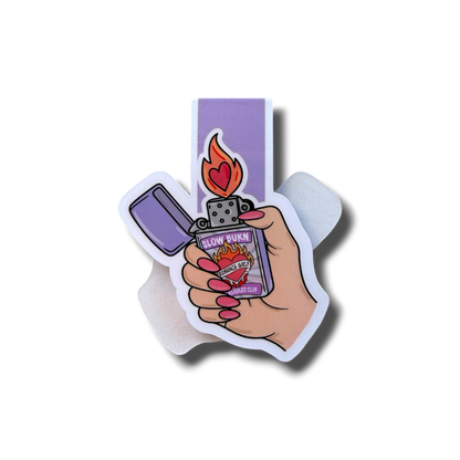 Sticker of a hand holding a lighter with a flame design on a white background
