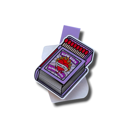 Purple card with flame design and text on a white background